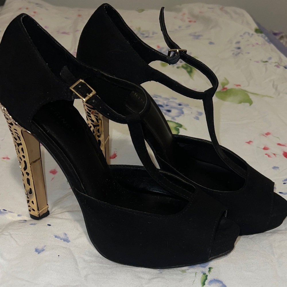 Call It Spring Black Heels with Gold Detail